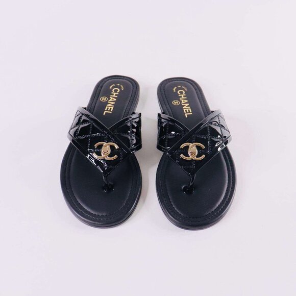 AUTHENTIC CHANEL PATEN QUILTED CC SANDALS - Picture 1 of 6